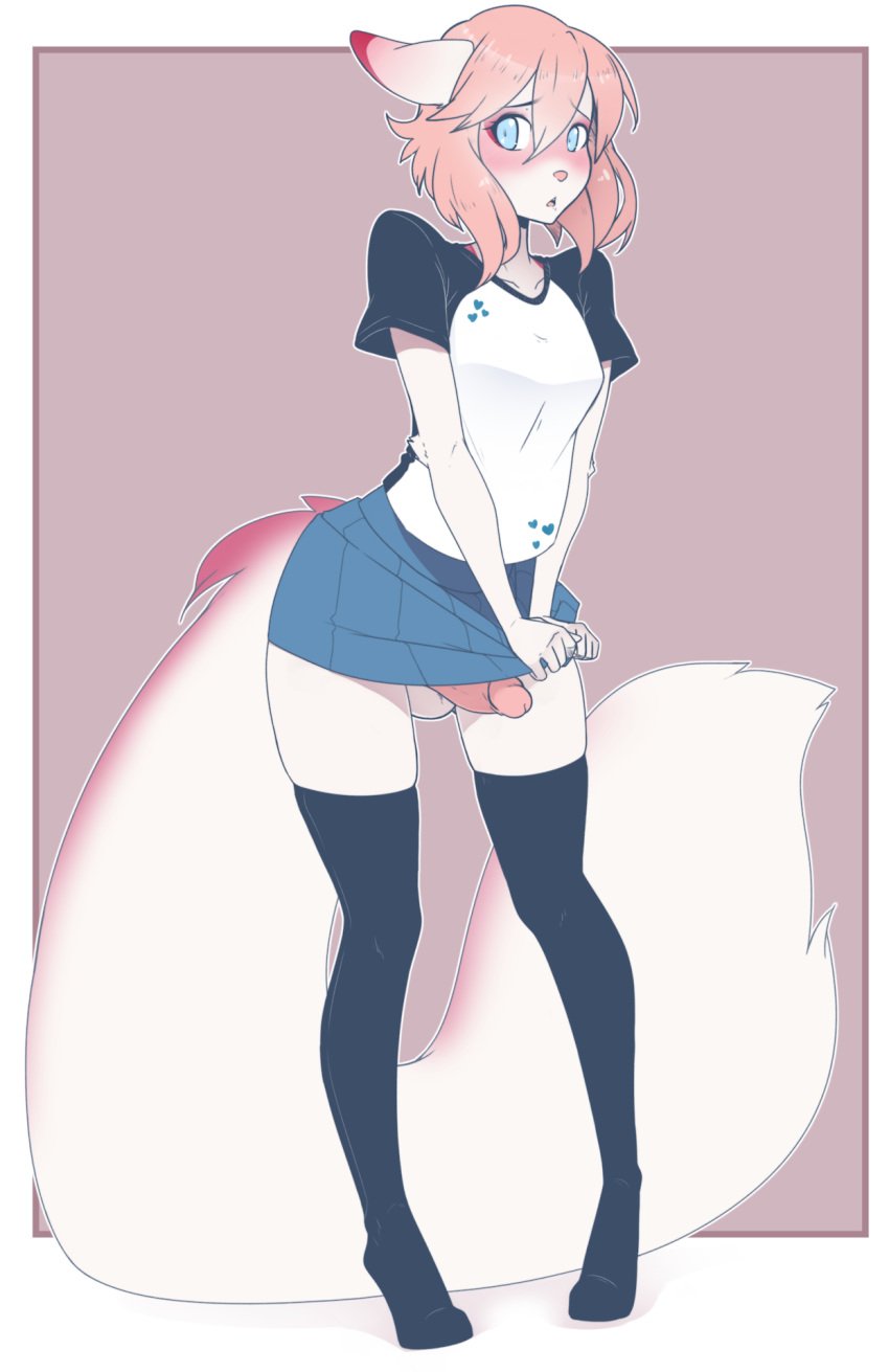 anthro balls blonde_hair blue_eyes blush clothed clothing crossdressing erection feline feline fur girly hair heart legwear looking_at_viewer male mammal mimi open_mouth penis red_fur shirt shy skirt solo standing suelix thigh_highs white_fur