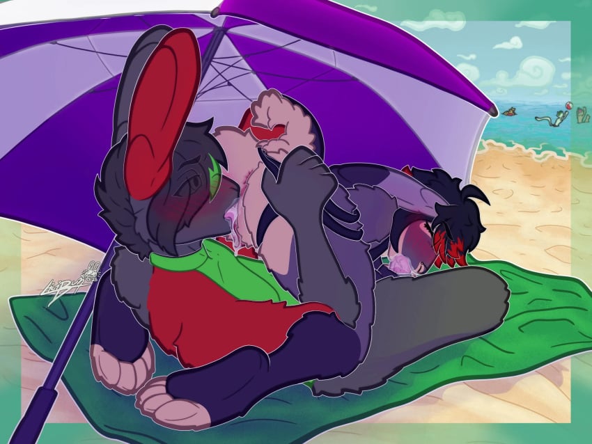 69_position anthro anus ball beach beach_ball black_body black_fur black_hair bodily_fluids border closed_eyes clothing clothing_aside cloud cunnilingus demon detailed_background duo fellatio female fur genital_fluids green_body green_fur hair hamlet_(hamlet) hand_on_butt hand_on_tail hi_res inflatable lagomorph leporid licibun male male/female mammal nonbinary_(lore) oral panties panties_aside partially_submerged penile public public_sex rabbit red_body red_fur saliva sand sea sex signature standing_in_water styx_(licibun) succubus tail tan_body tan_fur tongue towel umbrella underwear underwear_aside vaginal_fluids vaginal_penetration water