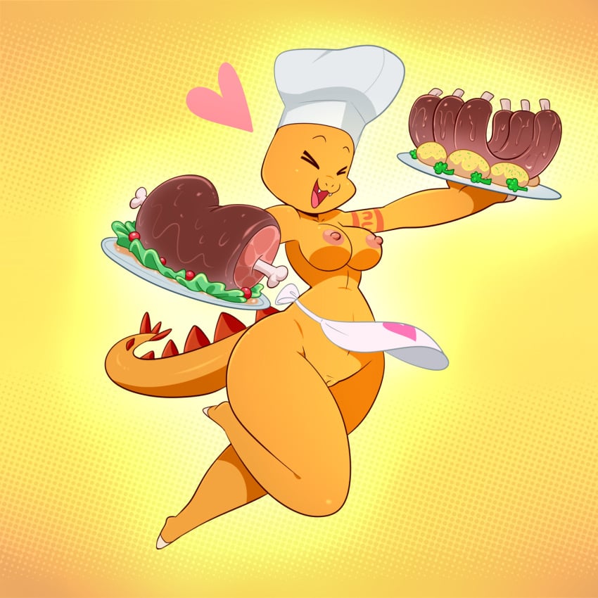 1:1 1:1_aspect_ratio 1girls 2018 2d 2d_(artwork) 2d_artwork animal_tail anthro anthro_only apron apron_aside areola areolae background belly_button boobs breasts cavemanon_studios chef_hat closed_eyes clothing cooking_with_tracy cute digital_art digital_drawing digital_drawing_(artwork) digital_media digital_media_(artwork) digital_painting_(artwork) dinosaur eyebrows fangs female food happy happy_female hat heart hi_res high_resolution highres hips lonbluewolf navel nipples open_clothes open_mouth pink_heart pussy scalie shortstack smile smiling solo tail tattoo teeth teeth_visible tits tongue tracy_(cwt) vagina