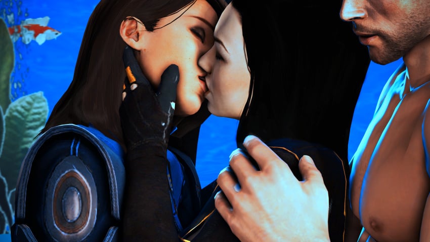 1boy 2girls 3d areolae ashley_williams black_hair brown_hair closed_eyes commander_shepard ginkasu hand_on_face hand_on_shoulder kissing mass_effect mass_effect_3 miranda_lawson nipples