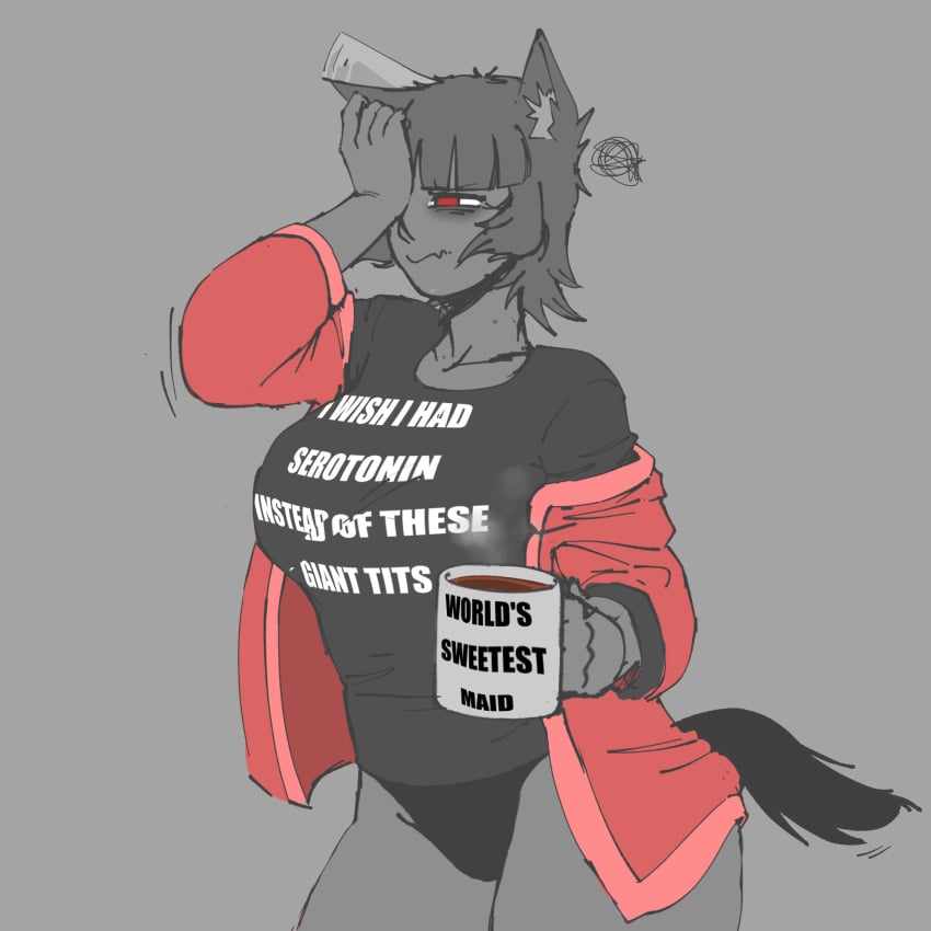 bags_under_eyes black_hair coffee grey_eyes kemonomimi large_breasts meme_clothing open_robe original_character robe rubbing_eyes shimmy_sham tired underwear wolf_ears wolf_girl wolf_tail
