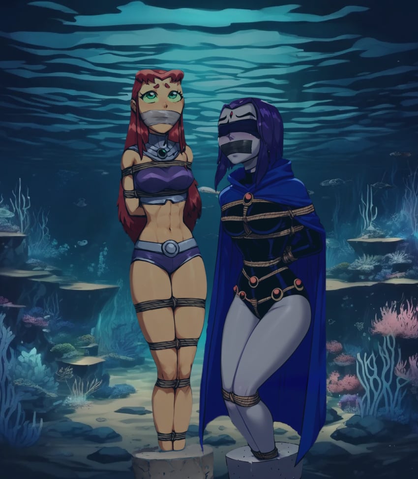 2girls ai_generated asphyxiation bondage cement_shoes crackajack777 dc dc_comics drowning female koriand&#039;r ocean peril rachel_roth raven_(dc) raven_(teen_titans) sea starfire starfire_(teen_titans) teen_titans underwater underwater_peril warner_brothers water