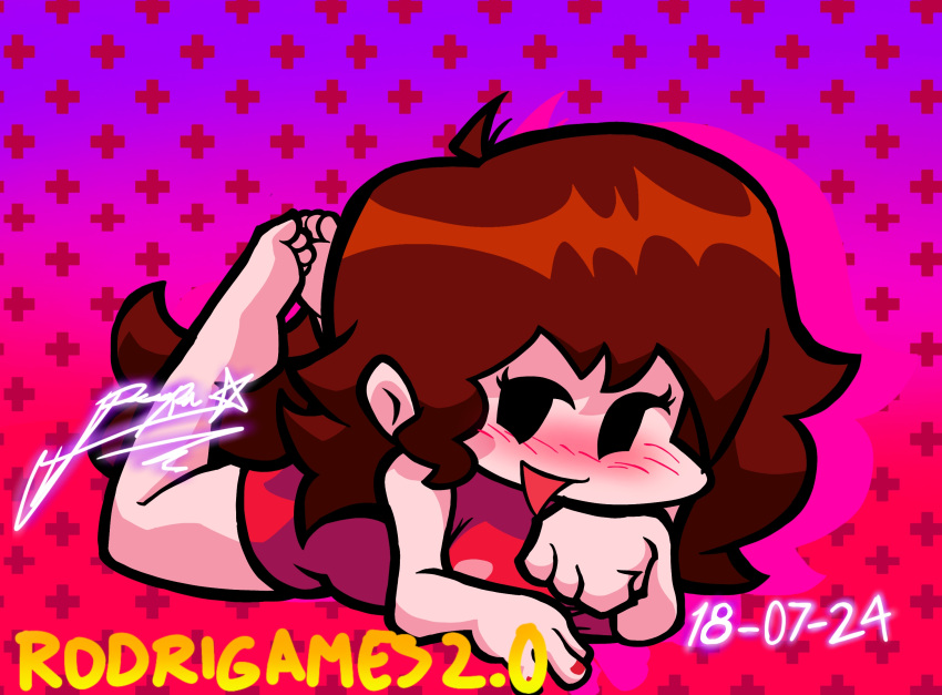 1girls 2024 accurate_art_style alternate_version_available auburn_hair barefoot clothed clothed_female dated dress feet female female_only friday_night_funkin full_body girlfriend_(friday_night_funkin) long_hair looking_at_viewer open_mouth open_smile red_dress rodrigames2.0 smile solo