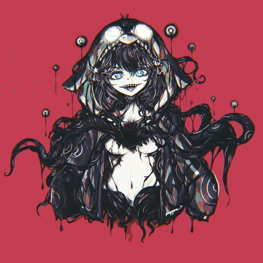:d black_hair blue_eyes breasts cleavage female hood hoodie lilnoot_(vtuber) long_hair looking_at_viewer medium_breasts monster_girl multi_eye navel open_mouth pale_skin pink_background red_background sharp_teeth simple_background smile solo teeth unzipped upper_body