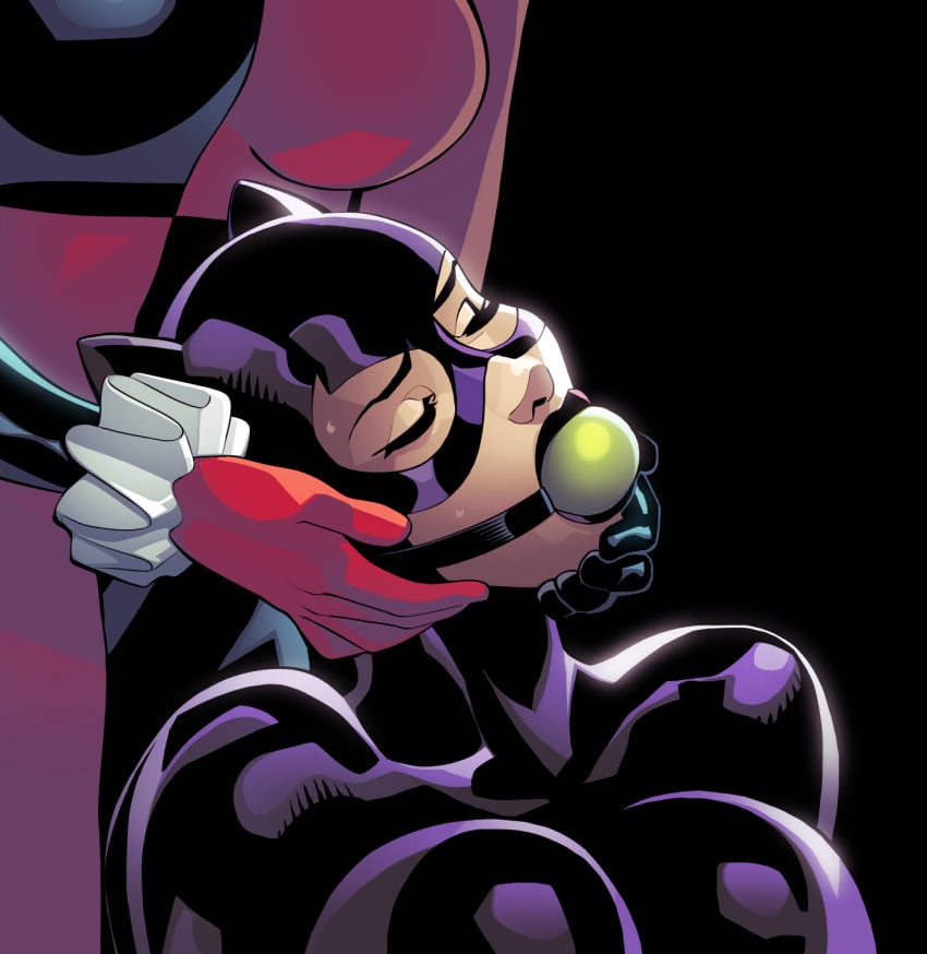 1female 1girls batman_(series) bondage catsuit catwoman cleavage dc dc_comics female female_focus female_only gag gagged gagged_female harley_quinn latex leather nude nude_female pale-skinned_female pale_skin selina_kyle telikor tied tied_arms tied_hands tied_up yuri