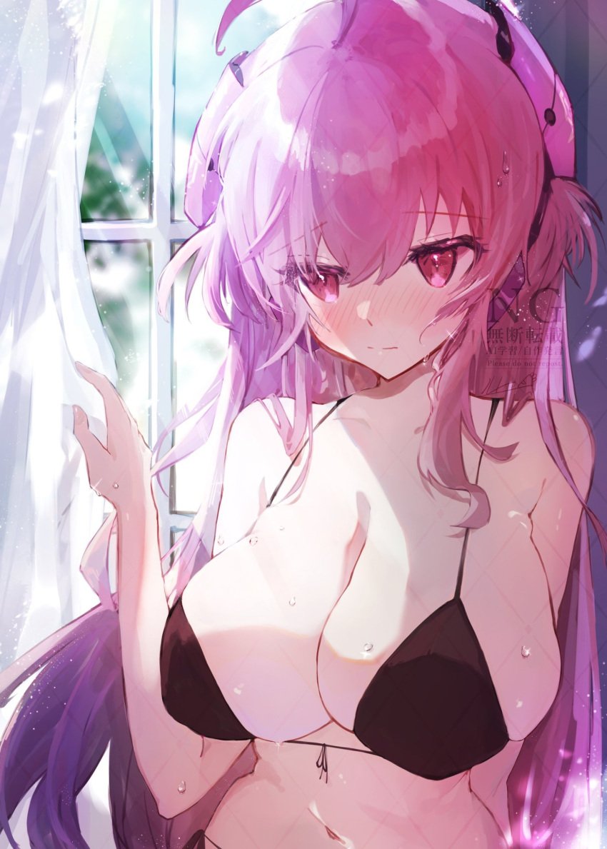 black_bikini blush closed_mouth curtain huge_breasts looking_to_the_side rasis sound_voltex sunlight upper_body window
