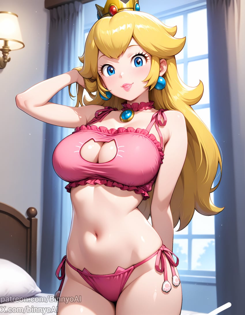 1girls ai_generated arm_behind_head bed bedroom blonde_hair blue_eyes bra cat_lingerie clothing crown ear_piercing eyelashes female female_only human human_only indoors light-skinned_female light_skin lingerie long_hair looking_at_viewer mario_(series) mature mature_female nintendo panties pink_bra pink_panties princess princess_peach royalty smile solo solo_female voluptuous voluptuous_female