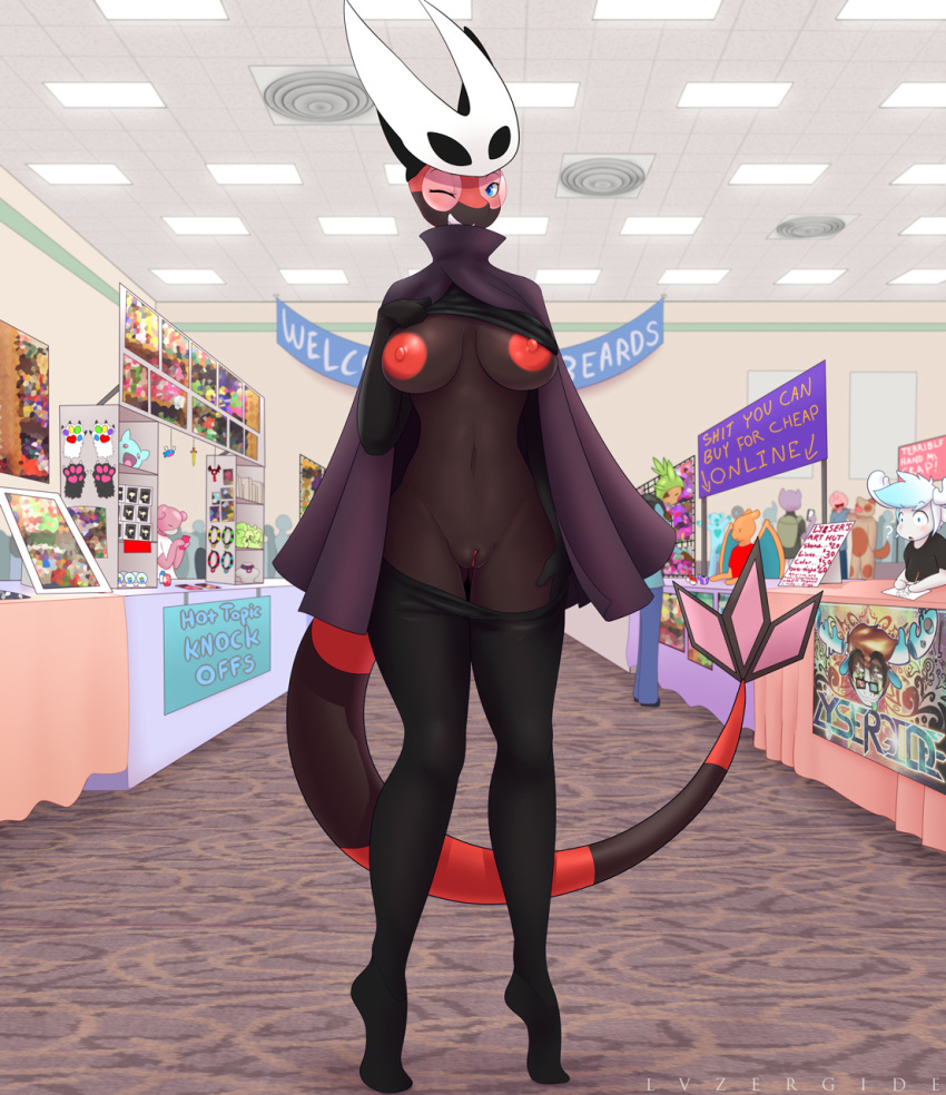 ? alternate_color anthro anthrofied big_breasts breasts clothed clothing convention cosplay dragon female flashing flygon functionally_nude hollow_knight hornet_(cosplay) inside kaida looking_at_viewer lysergide nintendo nipples non-mammal_breasts pants_down partially_clothed pokémon_(species) pokemon pokemon_(species) pokemorph public public_nudity pussy scalie shirt_up shop smile solo standing thigh_gap video_games wide_hips