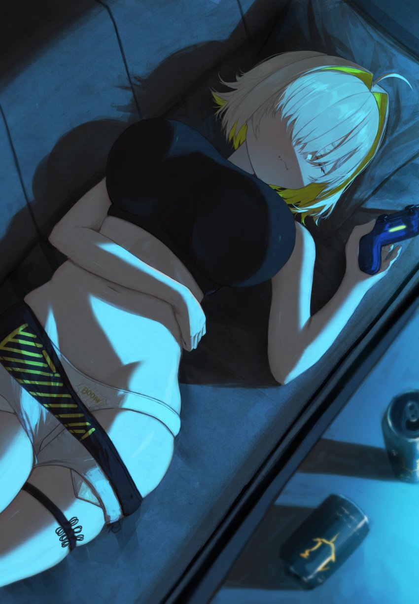 1girls :3 ahoge artist_request blonde_hair booty_shorts closed_eyes crop_top cute_fang elegg_(nikke) eyes_closed female goddess_of_victory:_nikke hair_over_eyes huge_breasts laying_down on_sofa panties short_shorts shorts shorts_down shorts_pull skindentation tagme thigh_strap yellow_hair yq9387