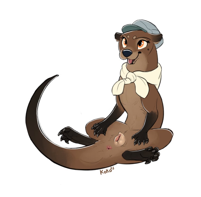 absurd_res animal_genitalia animal_pussy anus bedroom_eyes clothing female feral genitals hat headgear headwear hi_res kerchief mammal mustelid narrowed_eyes otter paws presenting presenting_anus presenting_pussy pussy queenkoko river_otter seductive sitting solo spread_legs spreading tillie_(queenkoko) tongue tongue_out