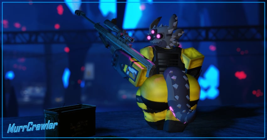 3d artist_name big_ass cheeks clothed fat_ass gootraxian gun kaiju_paradise murrcrawler nightcrawler_(kaiju_paradise) raytraxian roblox roblox_game robloxian self_upload sniper_rifle tagme text watermark weapon