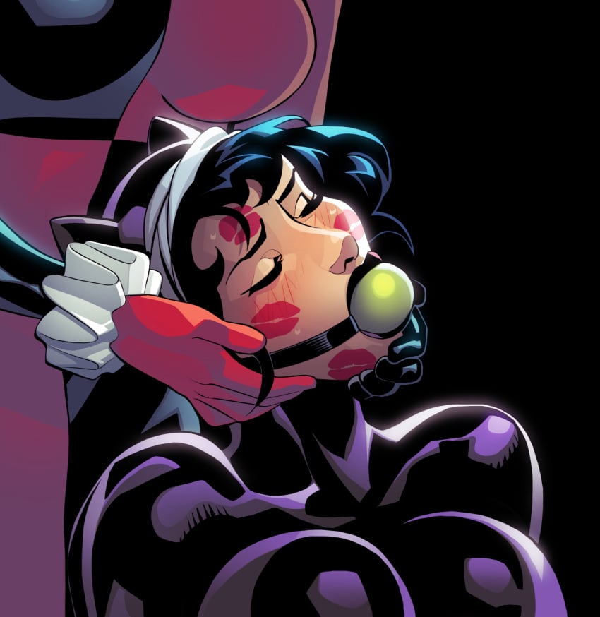1female 1girls batman_(series) blush blushing bondage catsuit catwoman cleavage dc dc_comics female female_focus female_only gag gagged gagged_female harley_quinn kiss_mark latex leather nude nude_female pale-skinned_female pale_skin selina_kyle short_hair telikor tied tied_arms tied_hands tied_up yuri