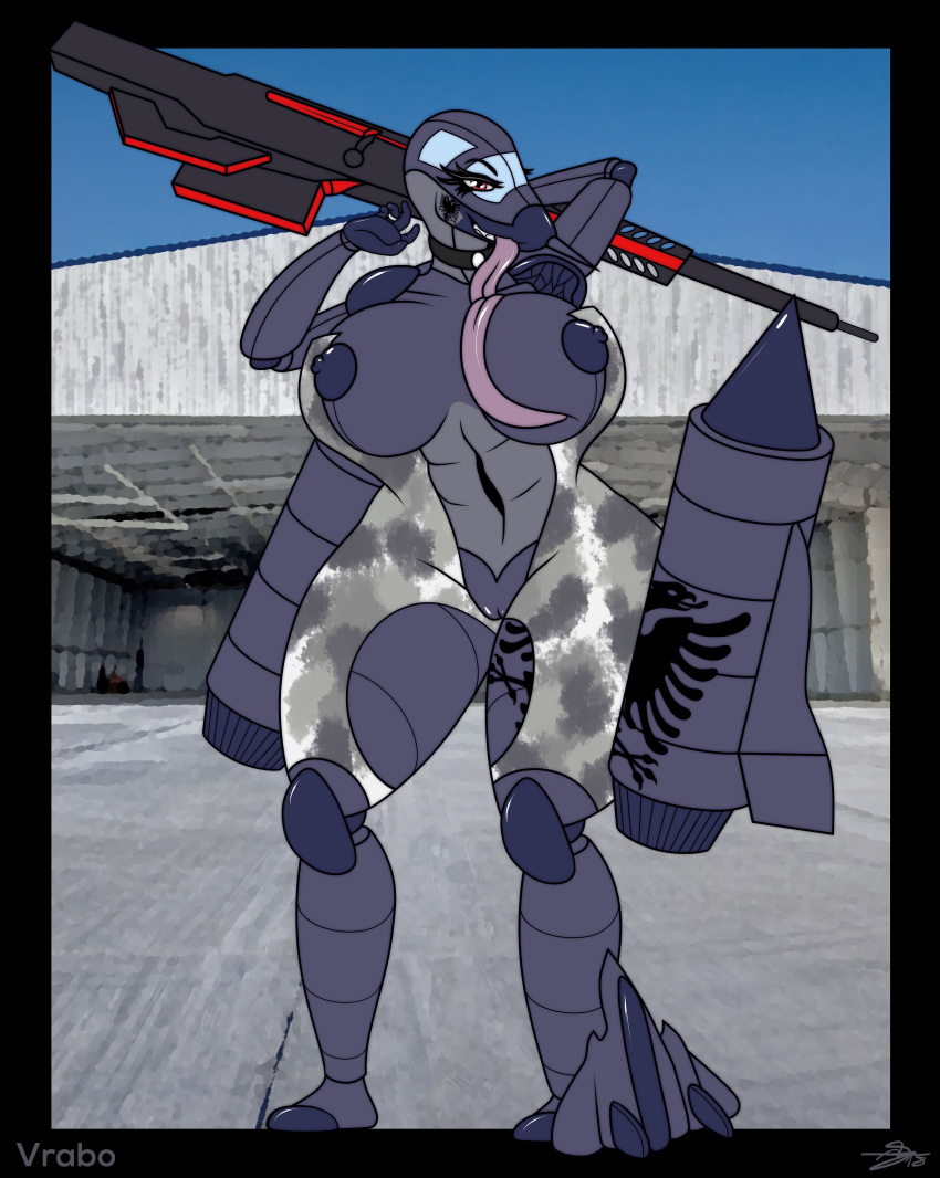 abs anthro_plane big_breasts breasts female gun hangar huge_breasts living_aircraft living_machine looking_at_viewer muscular outside plushie pose pussy ranged_weapon standing tattoo toy vrabo weapon