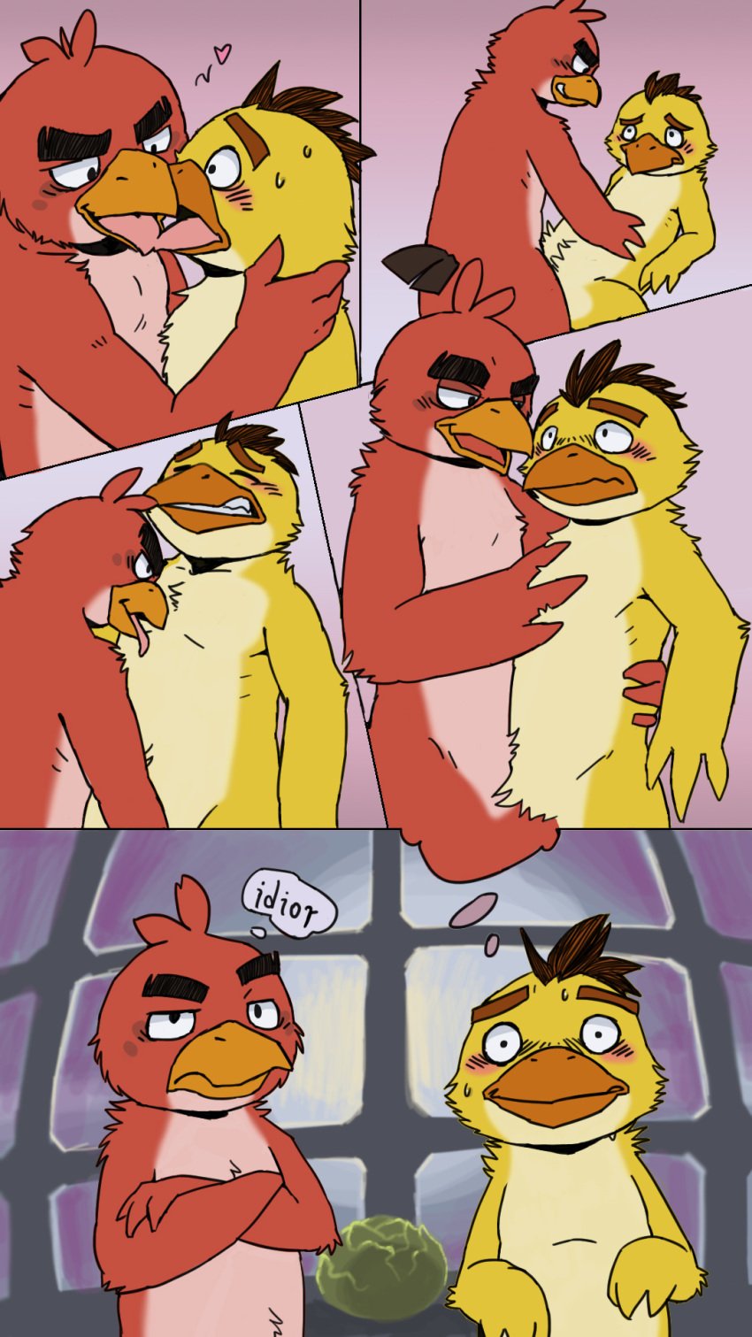 2014 2boys angry_birds angry_birds_toons anthro avian bird blush cabbage chuck_(angry_birds) closed_eyes comic daydream dialogue duo english_text gay gradient_background heart hi_res kissing licking male male_only nude red_(angry_birds) rovio sega sex simple_background slugsdog text tongue tongue_out video_games yaoi