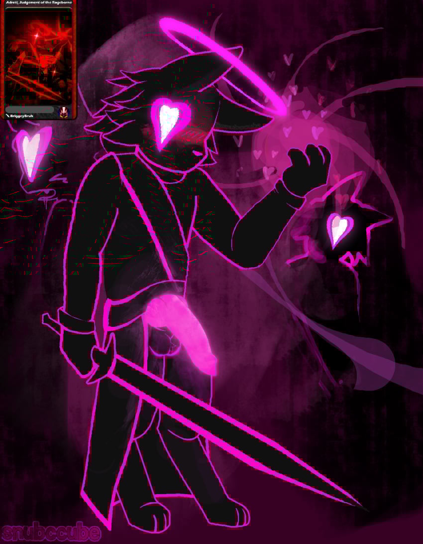 1_eye 1boy adreti_(blox_cards) anthro artist_name balls black_body blox_cards blush canid canine clothing digitigrade energy floating_hearts fog genitals glowing glowing_genitalia glowing_penis group halo heart_eyes heart_symbol hi_res knot knotted_penis male male/male mammal melee_weapon mouthless penis reference_image robe robe_only roblox roblox_game robloxian silhouette simple_background snubcube sword trio weapon