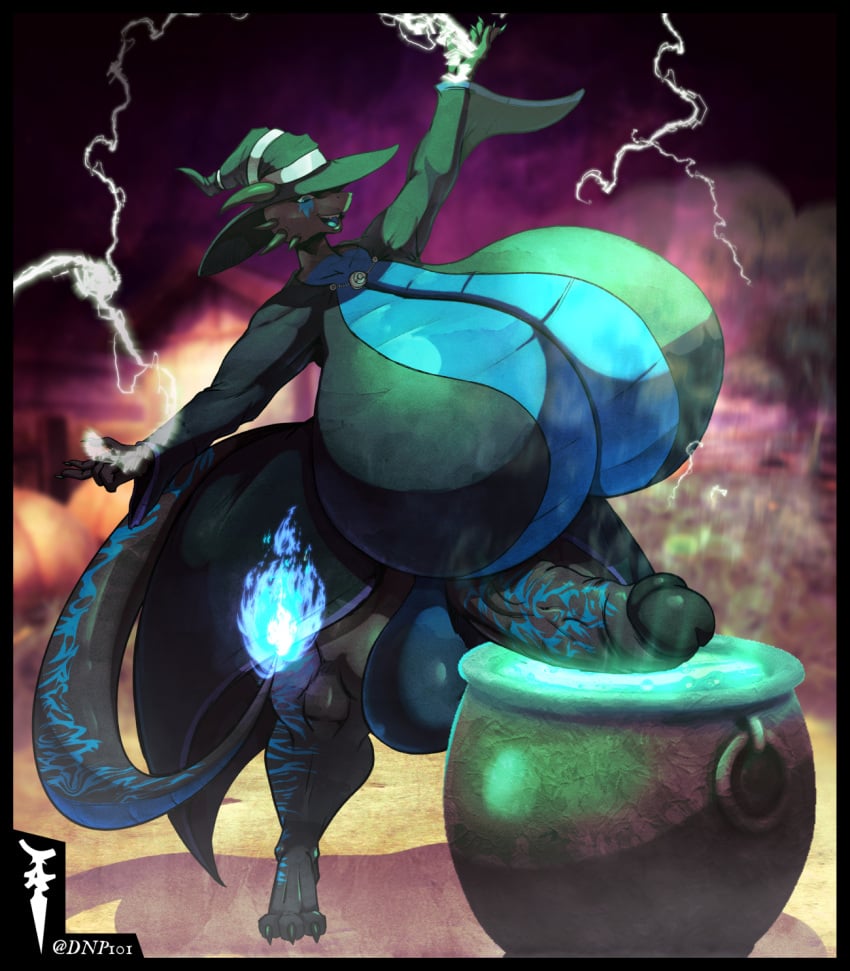 anthro balls big_breasts big_penis black_body blue_body blue_skin breasts dnp101 dragon erection genitals gynomorph halloween hi_res holidays huge_breasts huge_cock humanoid_genitalia humanoid_penis hyper hyper_breasts hyper_genitalia hyper_penis intersex magic_user mythological_creature mythological_scalie mythology nightshade_(dragonofdarkness1992) penis scalie solo tail thick_thighs witch