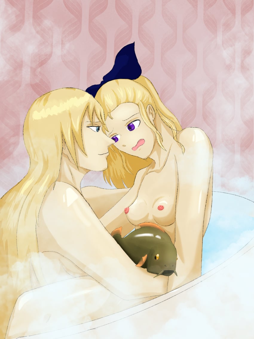2girls absurdres animal assam_(girls_und_panzer) bath bathroom blonde_hair breasts carp christmas earl_grey_(girls_und_panzer) female fish girls_und_panzer highres large_breasts multiple_girls nipples non-web_source nude perky_breasts sex wet yuri