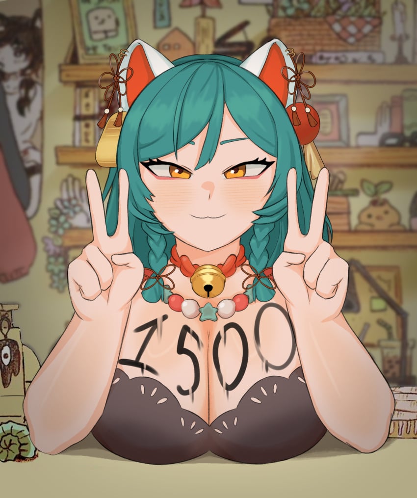 1girls blue_hair body_writing cat_ears cat_girl confusedsabron cyan_hair double_peace_sign female female_only follower_celebration green_hair light-skinned_female light_skin looking_at_viewer milestone_celebration omocat omori peace_sign teal_hair virtual_youtuber yellow_eyes