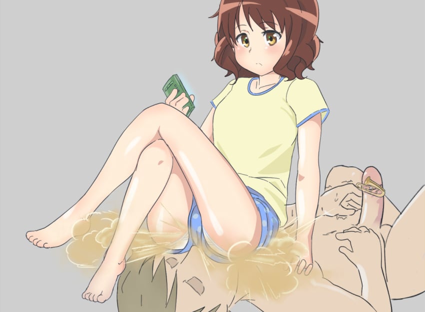 1boy1girl brown_hair erection facesitting fart fart_cloud fart_fetish farting_in_face farting_on_face female male pajamas pantsless phone ric.soup sweat