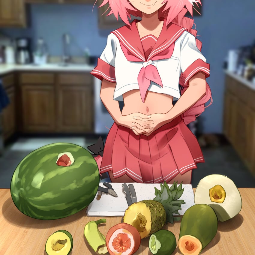 1boy absurdres after_sex astolfo_(fate) astolfo_(sailor_paladin)_(fate) belly_button cutting_board fate/grand_order fate_(series) femboy food fruit highres khyleri kitchen kitchen_knife knife light-skinned_male male male_only midriff pink_hair short_hair skirt smile solo trap watermelon watermelon_sex
