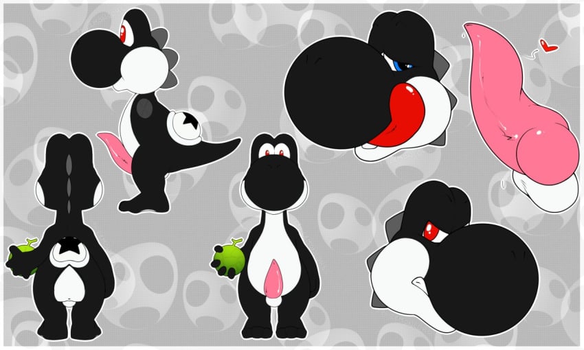 1boy anus black_body conditional_dnp egg food full_body kio_terra lemoncore male male_only mario_(series) multiple_views nintendo penis red_eyes scalie simple_background solo standing star video_games yoshi