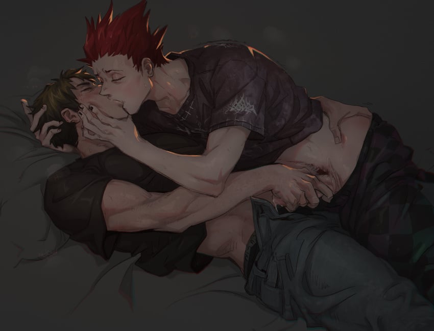 2boys absurdres black_male_underwear closed_eyes clothes_pull collarbone commentary green_hair haikyuu!! hand_on_another&#039;s_ass hand_on_another&#039;s_head highres kissing lying male_focus male_pubic_hair male_underwear masturbation multiple_boys netcrow98 on_back pants pants_pull penis precum pubic_hair red_hair shirt short_hair tendou_satori toned toned_male underwear ushijima_wakatoshi yaoi