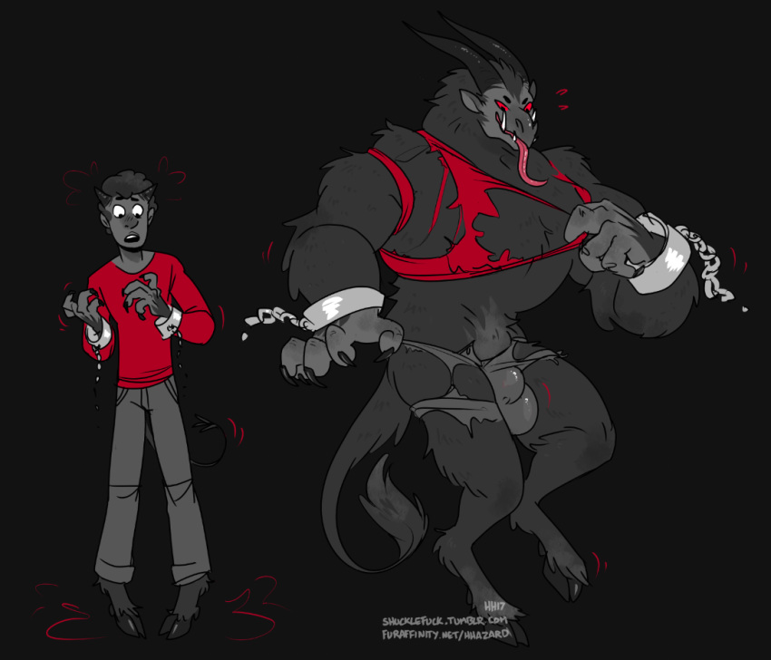 2017 4_fingers anthro balls big_balls big_penis black_background bulge chains clothed clothing demon fur hair handcuffs hhazard hooves horn human human_to_anthro long_tongue male male_only mammal monster muscular muscular_male open_mouth pants penis red_sclera restricted_palette sequence shackles shirt signature simple_background smile surprise tail tongue torn_clothing transformation url