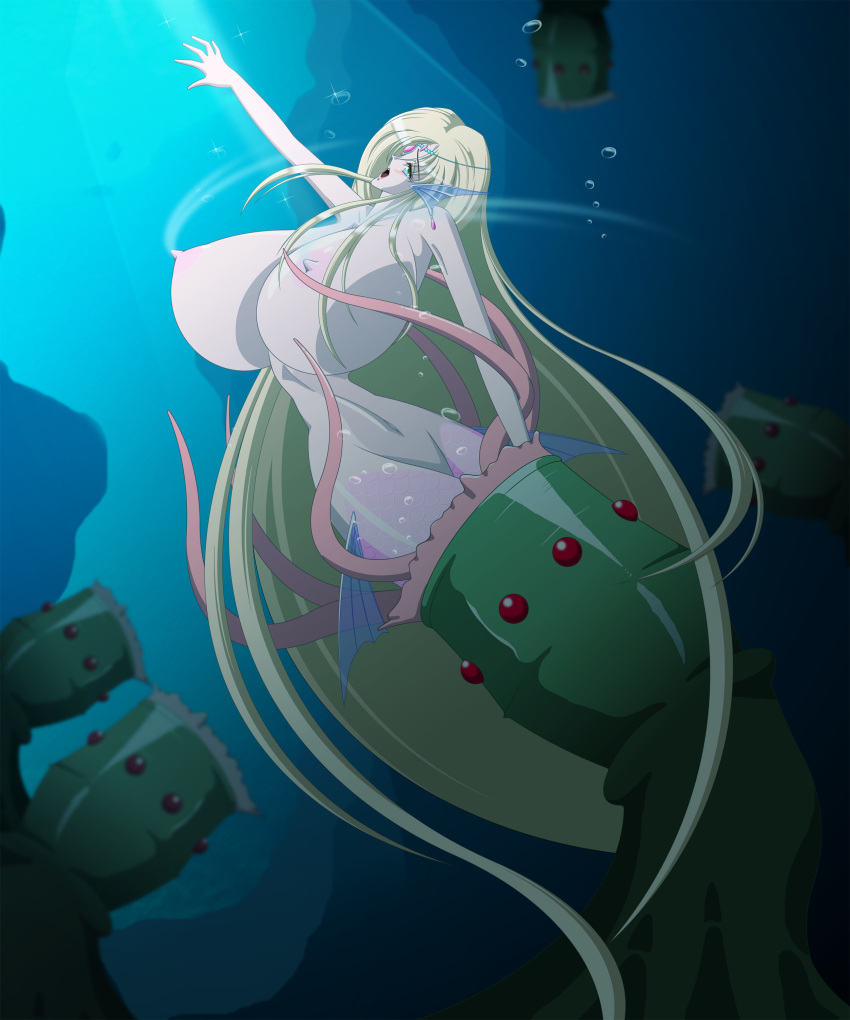 blonde_hair bondage breasts earrings female green_eyes hair_ornament highres hyper hyper_breasts lactation lipstick makeup meex2012 mermaid monster_girl nipples open_mouth scales screaming sea_anemone solo tears tentacle underwater very_long_hair vore zoophilia