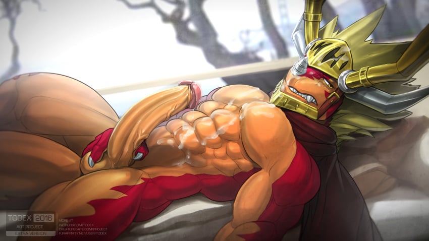 2016 abs armor balls big_penis bridge cape clothing cum cum_on_chest cum_on_face cum_on_self cum_on_stomach dragon dripping drum_(buddyfight) drum_bunker_dragon embarrassed fangs future_card_buddyfight half-closed_eyes helmet looking_at_viewer male male_only muscular muscular_male pecs penis public sky small_balls sofa solo thick_penis thick_thighs todex tree underwear vein veiny_penis