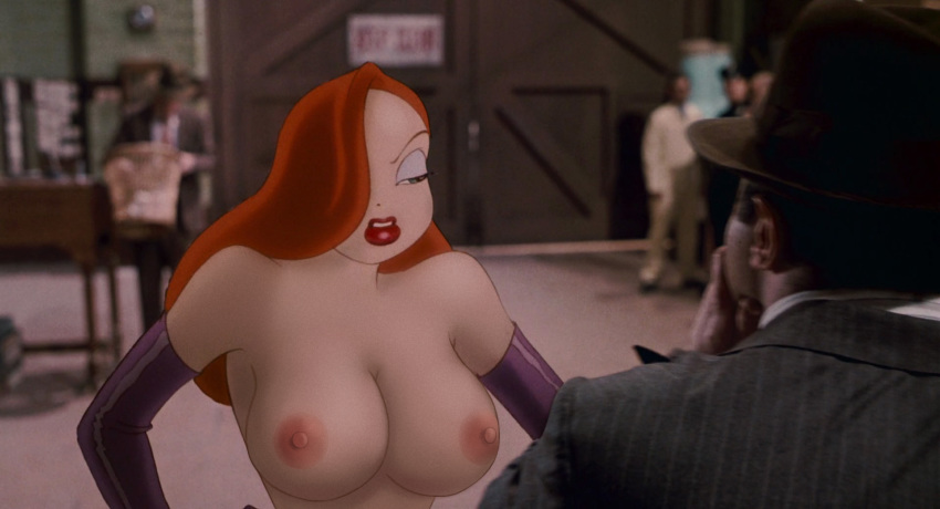 arm_gloves big_breasts breasts disney eddie_valiant edit female gan_(artist) gloves green_eyes hat huge_breasts jessica_rabbit large_breasts lipstick long_hair male nipples red_hair screenshot screenshot_edit teeth topless who_framed_roger_rabbit