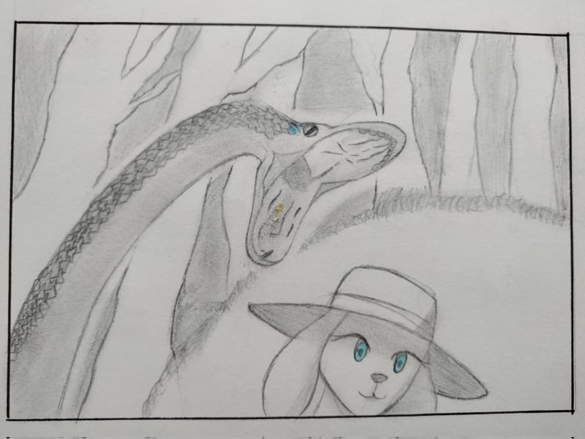 anthro clothing duo female feral hat headgear headwear hi_res imminent_vore lagomorph leporid male male/female mammal mouth_shot open_mouth rabbit rainyday reptile scalie snake sun_hat unaware_prey vore