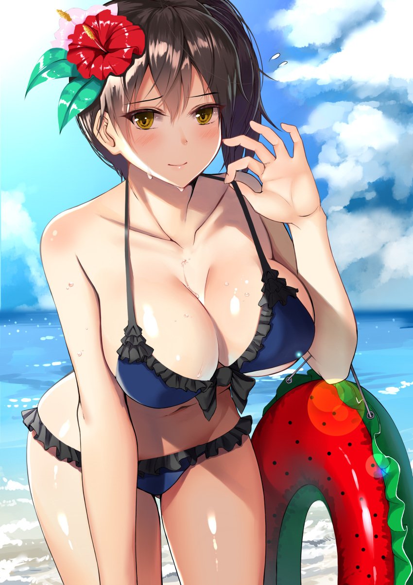 1girls absurdres beach bikini blush breasts female female_only frilled_bikini kaga_(kantai_collection) kantai_collection large_breasts looking_at_viewer outside solo suika_(atelier-yuu) swimsuit tagme