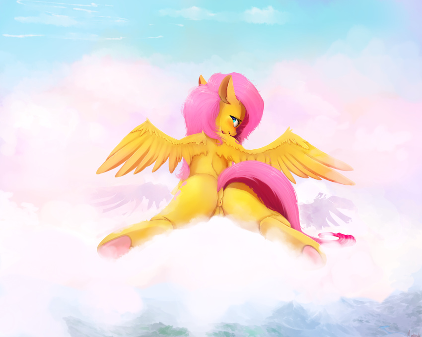 2018 anus ass cloud cutie_mark dock equine feathered_wings feathers female fluttershy_(mlp) friendship_is_magic hair hi_res horse looking_at_viewer looking_back mammal miokomata my_little_pony on_cloud outside pegasus pony pussy rear_view solo straight_hair wings