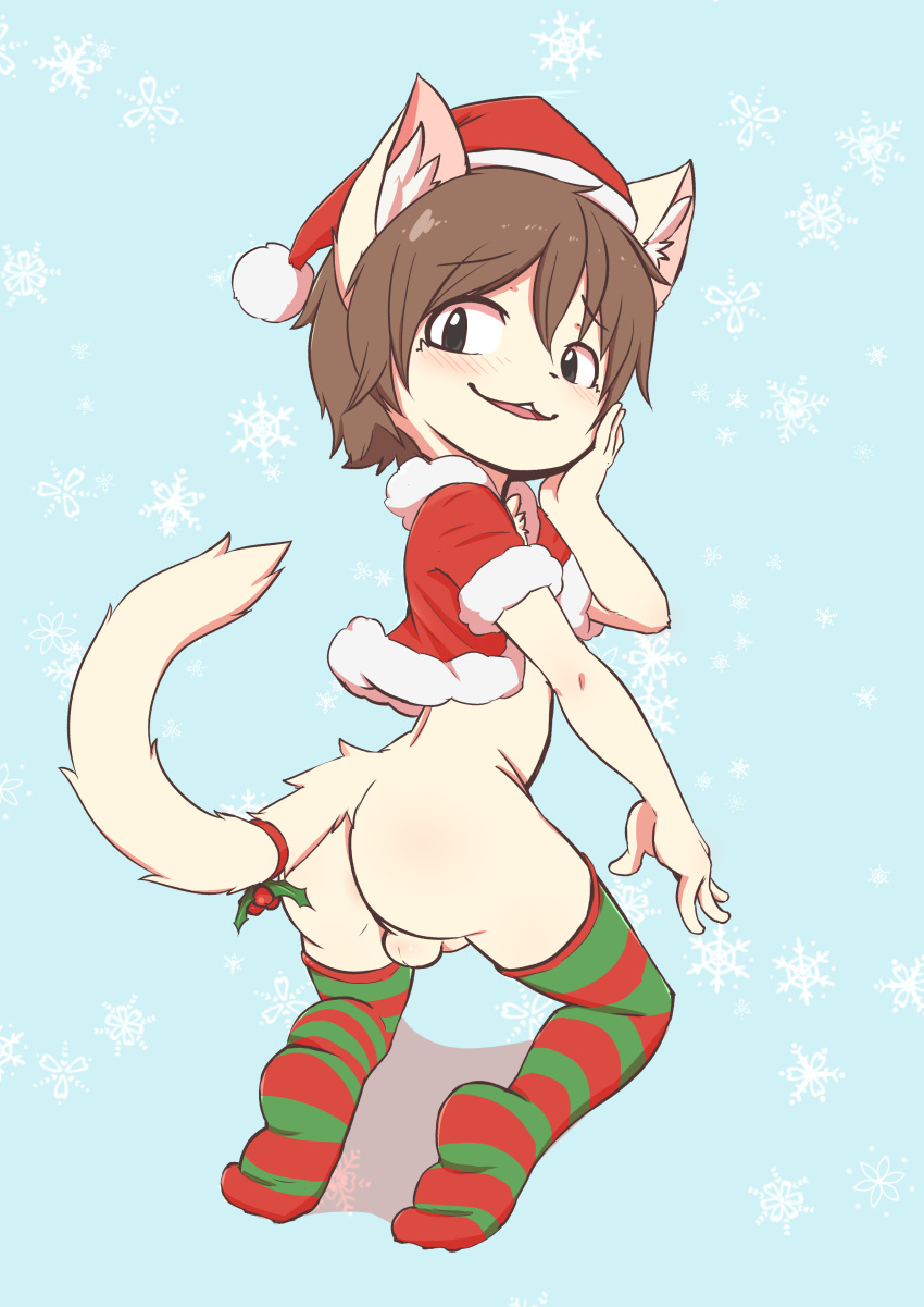 1boy ass backsack balls blush brown_hair christmas feline girly hair hat holidays looking_back male mammal nobusuke santa_hat solo