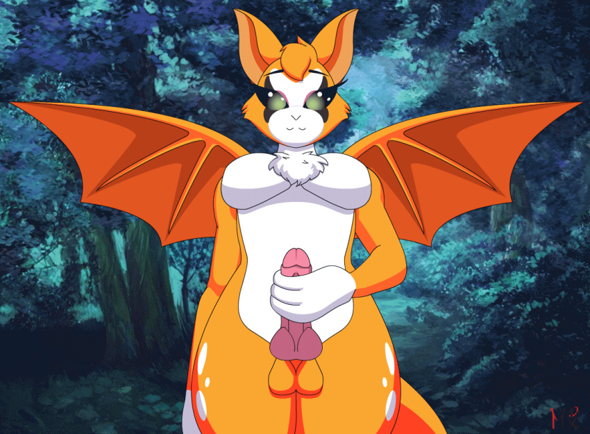 animal_penis fidget_(elysian_tail) furry futanari knotted_penis looking_at_viewer masturbation orange_fur shibekutaato_(artist) wings