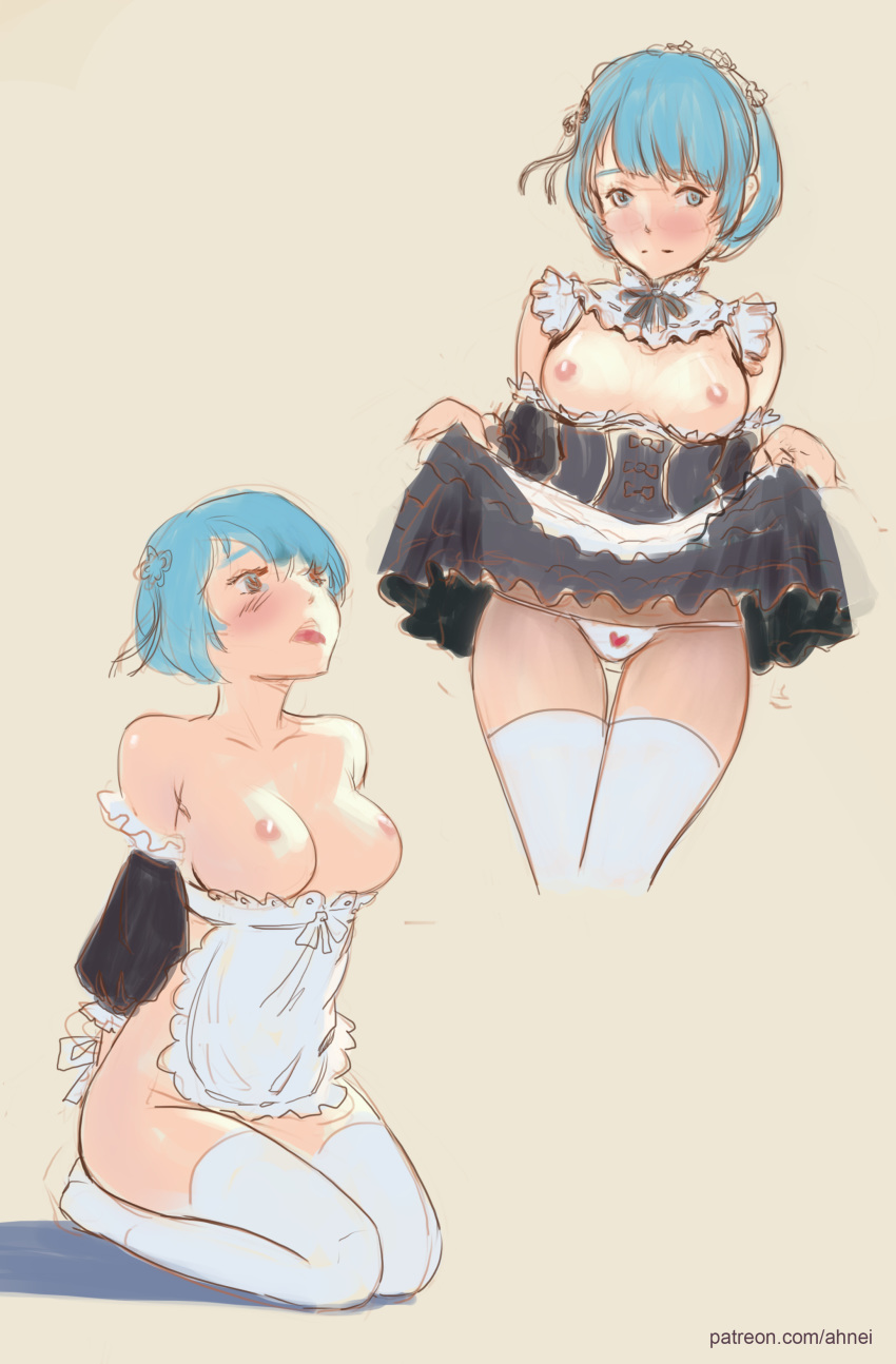 ahnei bangs blue_eyes blue_hair breasts collar female maid panties re:zero_kara_hajimeru_isekai_seikatsu rem_(re:zero) short_hair stockings thighhighs tights