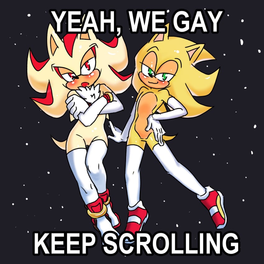 2boys armwear blue_eyes blush english_text femboy footwear funny gyaru humanoid legwear looking_at_viewer male_only meme no_humans non-human non-human_only sega shadow_the_hedgehog sonadow sonic_(series) sonic_the_hedgehog sonic_the_hedgehog_(series) sparkydb text twink