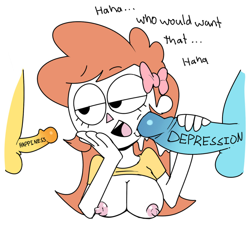 1girls balls breasts cum cum_on_face depression_(personification) dialogue facial female fucked_in_every_way funny genderswap hair_ribbon handjob happiness_(personification) humor miscon owlturd penis penis_on_face rule_63 shen_(shencomix) shencomix small_penis small_penis_humiliation solo_focus testicles