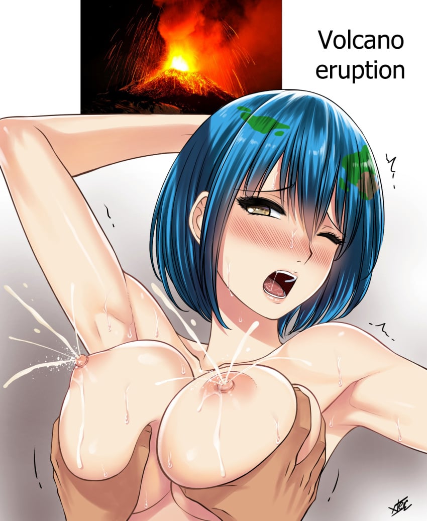 1girls areolae arm_behind_head armpits big_breasts blue_hair blush breasts brown_eyes brown_hair earth-chan eruption female grabbing grabbing_another's_breast gradient_background green_hair groping hair_between_eyes highres lactation large_breasts looking_at_viewer male_hand milk multicolored_hair nipples nose_blush nude one_eye_closed open_mouth original pink_lips saliva short_hair simple_background solo_focus sweat text tongue upper_body volcano wince xter xtermination