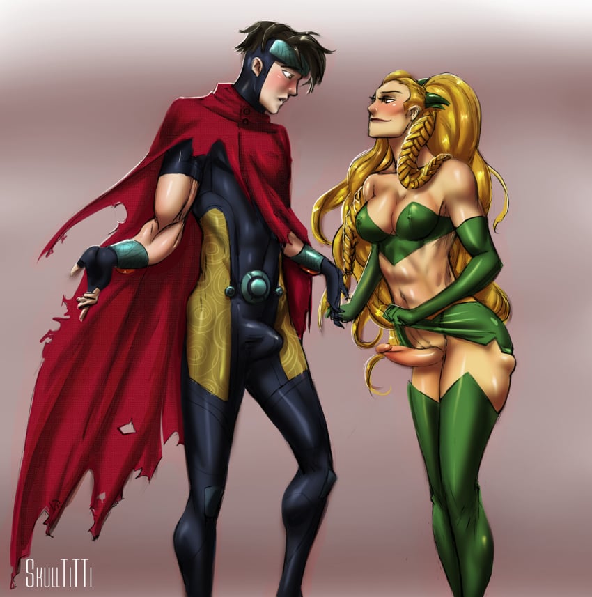 1boy 1futa amora_the_enchantress big_penis blonde_hair bulge fit fit_futanari futa_sans_pussy futa_with_male futanari gay_to_straight human human_only intersex light-skinned_futanari light-skinned_male light_skin male marvel marvel_comics mini_skirt orientation_play penis sexuality_change skulltitti sylvie_lushton thor_(series) wiccan young_avengers