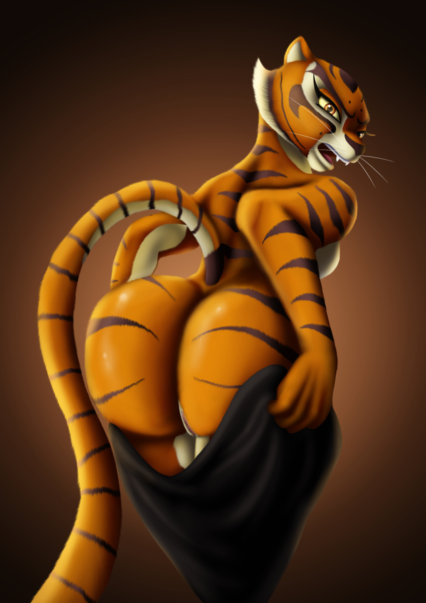 1girls 2018 4_fingers anthro anthrofied ass astraldog big_ass big_butt black_stripes breasts butt clothing dreamworks fangs feline female female_only fur huge_ass huge_butt humanoid_hands kung_fu_panda long_tail looking_at_viewer looking_back mammal master_tigress orange_fur pussy rear_view solo stripes tail teeth thick thick_thighs tiger vagina whiskers wide_hips