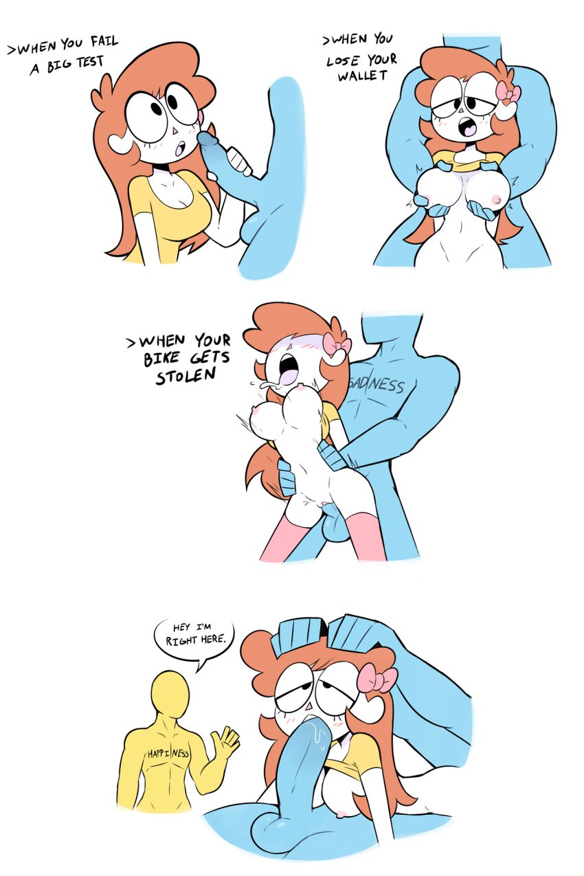 1boy 1girls 69 ahe_gao balls big_breasts blush bottomless breast_grab breasts cuckold dialogue fellatio female forced from_behind fucked_in_every_way genderswap groping hair_ribbon hand_on_head handjob hands_on_head happiness_(personification) humor miscon navel oral owlturd parody penis pussy rule_63 sadness_(personification) sex shen_(shencomix) shencomix shirt_lift testicles text thighhighs tongue_out vaginal_penetration