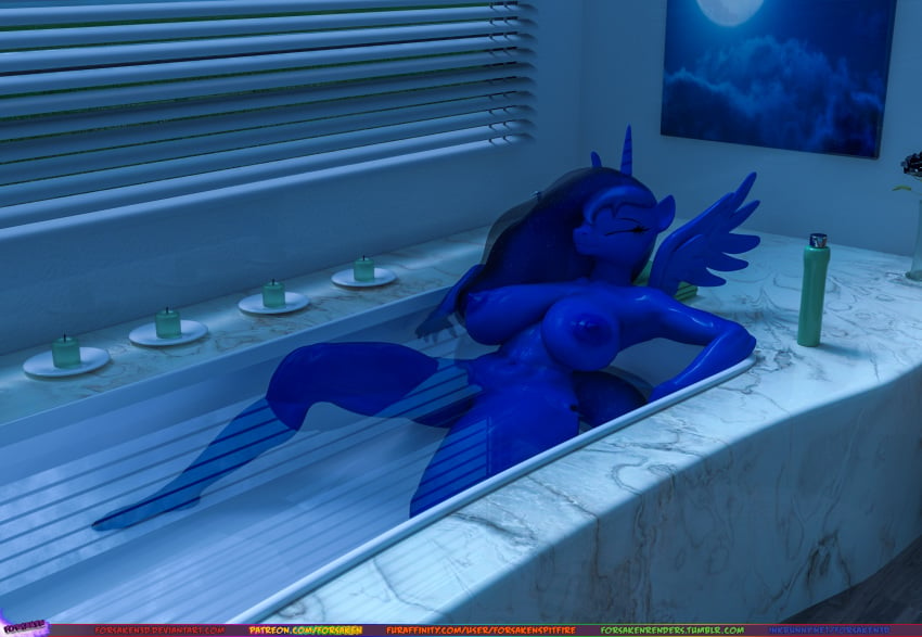 2017 3d alicorn anthro areola barefoot bath bathing bathroom bathtub big_breasts blender blinds breasts candles closed_eyes cosmic_hair equine erect_nipples eyebrows eyelashes feathered_wings feathers female flower forsaken_(artist) friendship_is_magic hi_res horn inside lying mammal my_little_pony navel nipples nude on_back plant portrait poster princess_luna_(mlp) pussy relaxing shampoo smile solo towel unlit_candles water wet window wings