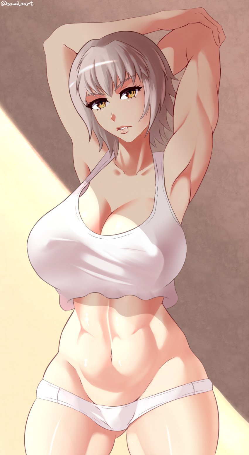 1girls abs armpits bra breasts cleavage fangs female female_only fit hitomi_uzaki huge_breasts killing_bites looking_at_viewer muscles muscular muscular_female panties solo sowilo text thick_thighs toned