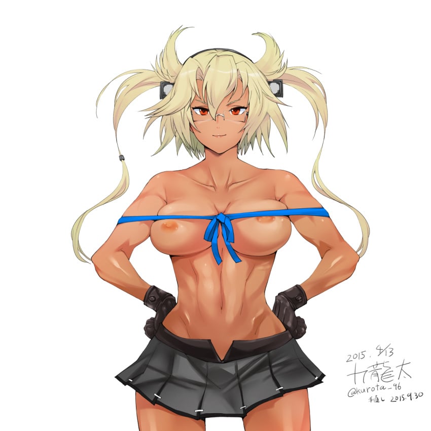 1:1 1girls 2015 abs black_gloves black_skirt blonde_hair blue_ribbon breasts clavicle closed_mouth crossover dark-skinned_female dark_skin dated female female_only glasses gloves hair_between_eyes hands_on_hips high_resolution kantai_collection kurota_(kurota) large_breasts light_smile long_hair medium_breasts megane musashi_(kantai_collection) muscle muscular_female naked_skirt navel nipples number orange_eyes pleated_skirt rei_no_himo ribbon rimless_eyewear rimless_glasses signature simple_background skirt smile solo standing text thigh_gap tied_hair toned topless twintails twitter_username watermark white_background