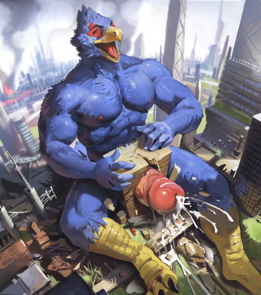 1boy anthro avian bird building_penetration city closed_eyes cum cum_on_ground erection falco_lombardi high-angle_view jiandou macro male male_only muscular muscular_male nintendo orgasm penis solo star_fox video_games