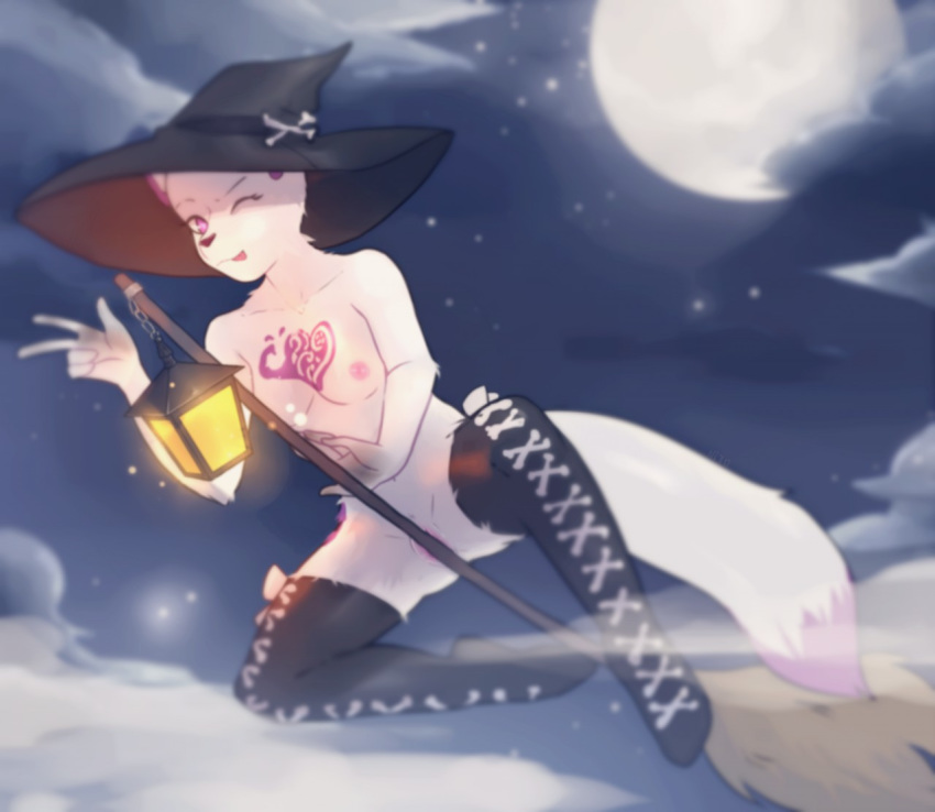 breasts broom clothing crummles dipstick_tail ermine female hat heart legwear magic_user mammal multicolored_tail mustelid ni70 nipples one_eye_closed purple_eyes pussy solo thigh_highs wink witch witch_hat