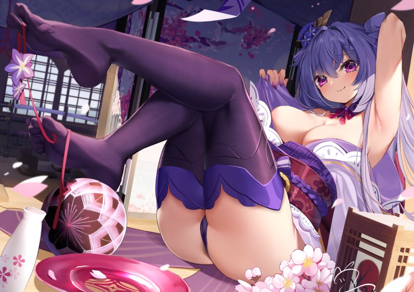 areola_slip areolae arm_up armpits bangs blush breasts commentary_request cosplay eyebrows_visible_through_hair feet female female fingernails flower foot_focus genshin_impact hair_between_eyes hair_cones hair_intakes hand_up highres indoors japanese_clothes katana keqing_(genshin_impact) kimono large_breasts legs legs_up long_fingernails long_hair looking_at_viewer nahaki nail_polish no_shoes obi panties pink_flower purple_eyes purple_hair purple_kimono purple_legwear purple_nails purple_panties raiden_shogun raiden_shogun_(cosplay) sash signature smile soles solo sword thighhighs toes underwear weapon