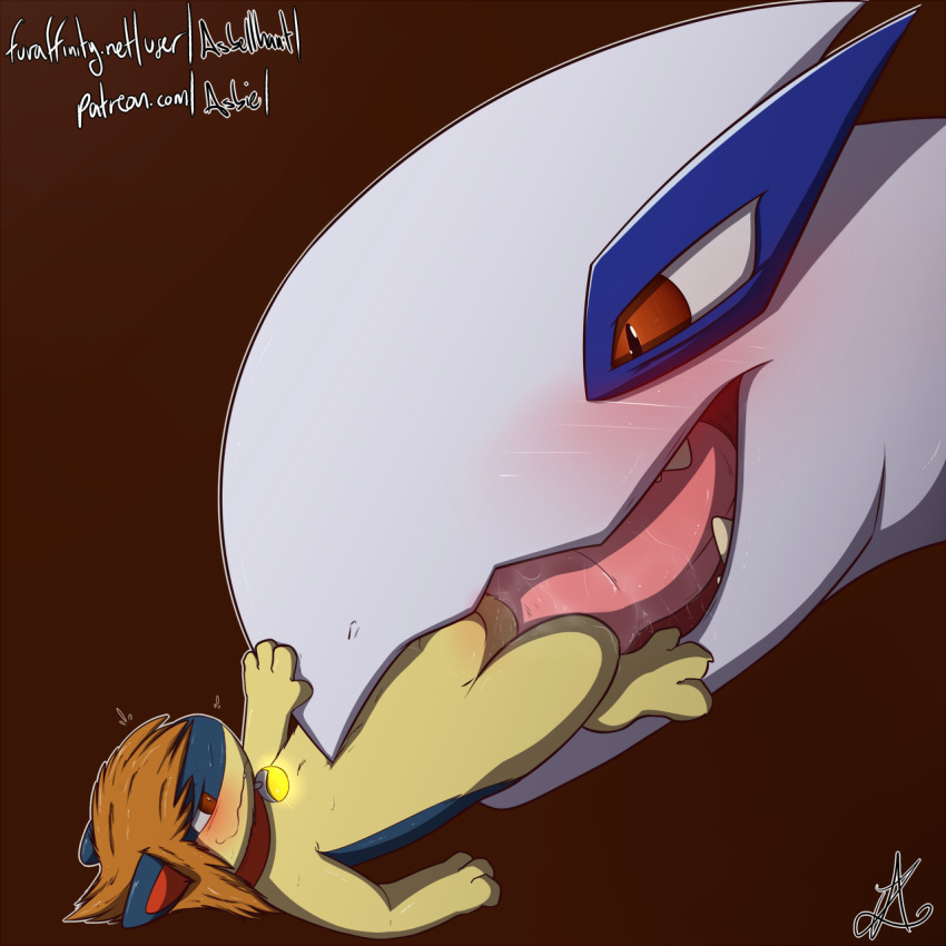 2017 3_toes anal asbel_lhant_(artist) asbie big_dom_small_sub brown_eyes claws collar invalid_tag licking lugia male nintendo oral pokemon pokemon_(species) quilava rimming sex shy simple_background size_difference teeth toes tongue tongue_out yaoi