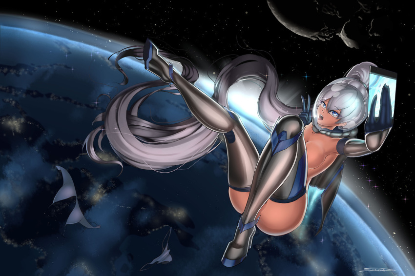 boots breasts elbow_gloves female high_heel_boots jetpack long_hair nude rwby selfie shonomi space space_helmet thigh_boots underwear wedge_heels weiss_schnee white_hair